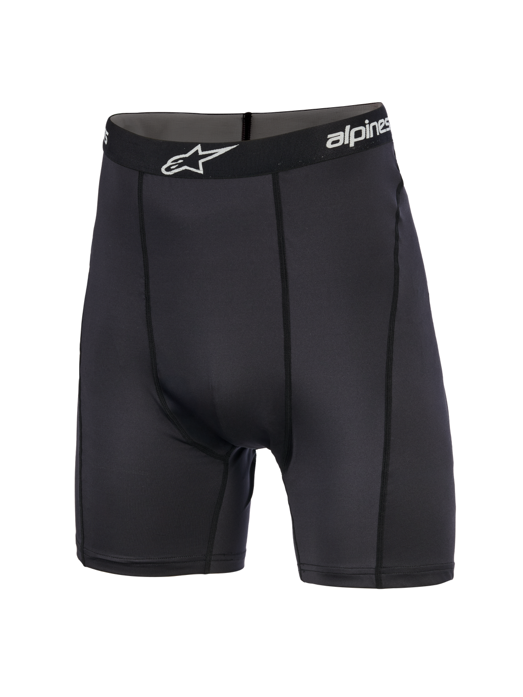 Alpinestars MX Boxer, motorcross base layer shorts, zwart, mid-thigh lengte, elastische tailleband met merknaam en wit sterlogo, atletische pasvorm met verticale naden