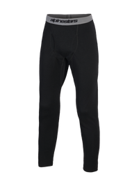 Alpinestars At 8 Merino Bottom Base Layer, motorcycle adventure tech layer pants, Black with grey elastic waistband and branding, merino wool and polyester thermal construction