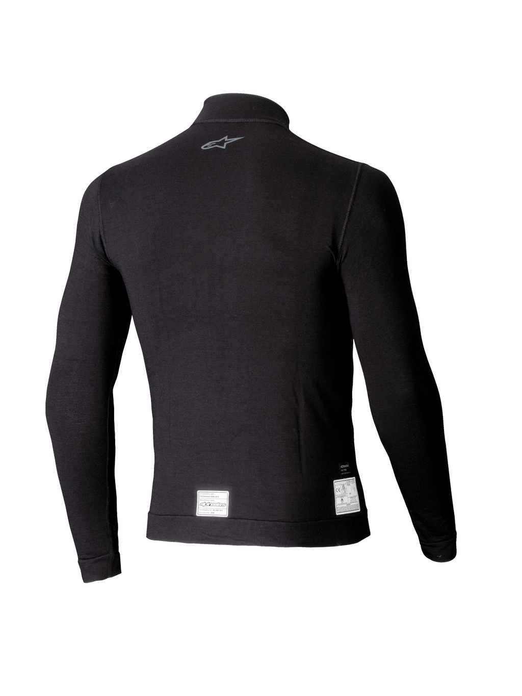 Alpinestars ZX Evo V3 Top met lange mouwen, zwarte auto racing base layer, achteraanzicht met een klein grijs logo in de nek en witte FIA/SFI-certificeringslabels aan de onderste zoom, lichtgewicht vlamvertragend ontwerp.