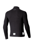 Alpinestars ZX Evo V3 Top met lange mouwen, zwarte auto racing base layer, achteraanzicht met een klein grijs logo in de nek en witte FIA/SFI-certificeringslabels aan de onderste zoom, lichtgewicht vlamvertragend ontwerp.