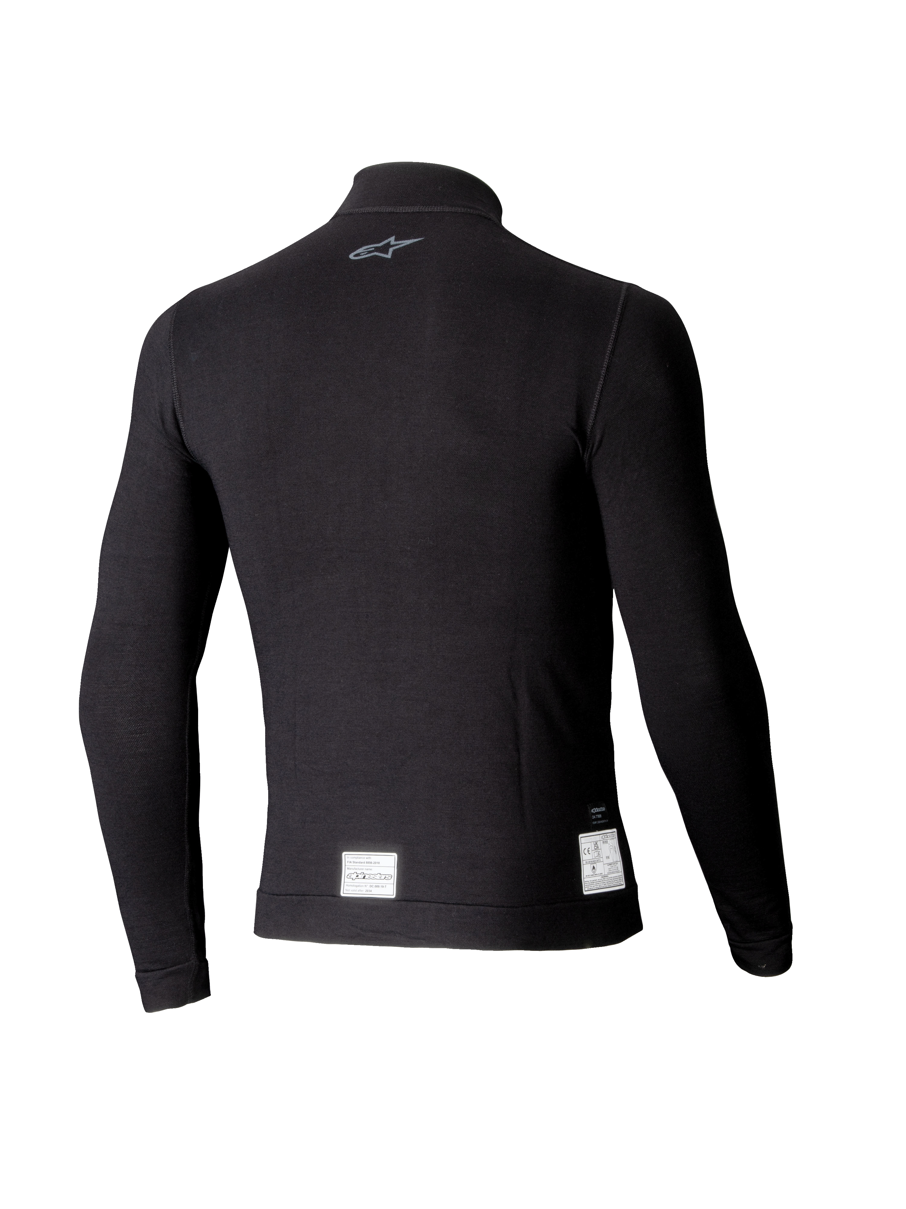 Alpinestars ZX Evo V3 Top met lange mouwen, zwarte auto racing base layer, achteraanzicht met een klein grijs logo in de nek en witte FIA/SFI-certificeringslabels aan de onderste zoom, lichtgewicht vlamvertragend ontwerp.