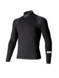 Alpinestars ZX Evo V3 Top, lange mouwen autorace-onderlaag, zwart, voorzien van een opstaande kraag met Alpinestars-logo, schoudergraphics en SFI-certificeringslabel op de mouw, professioneel vuurbestendig motorsportondergoed