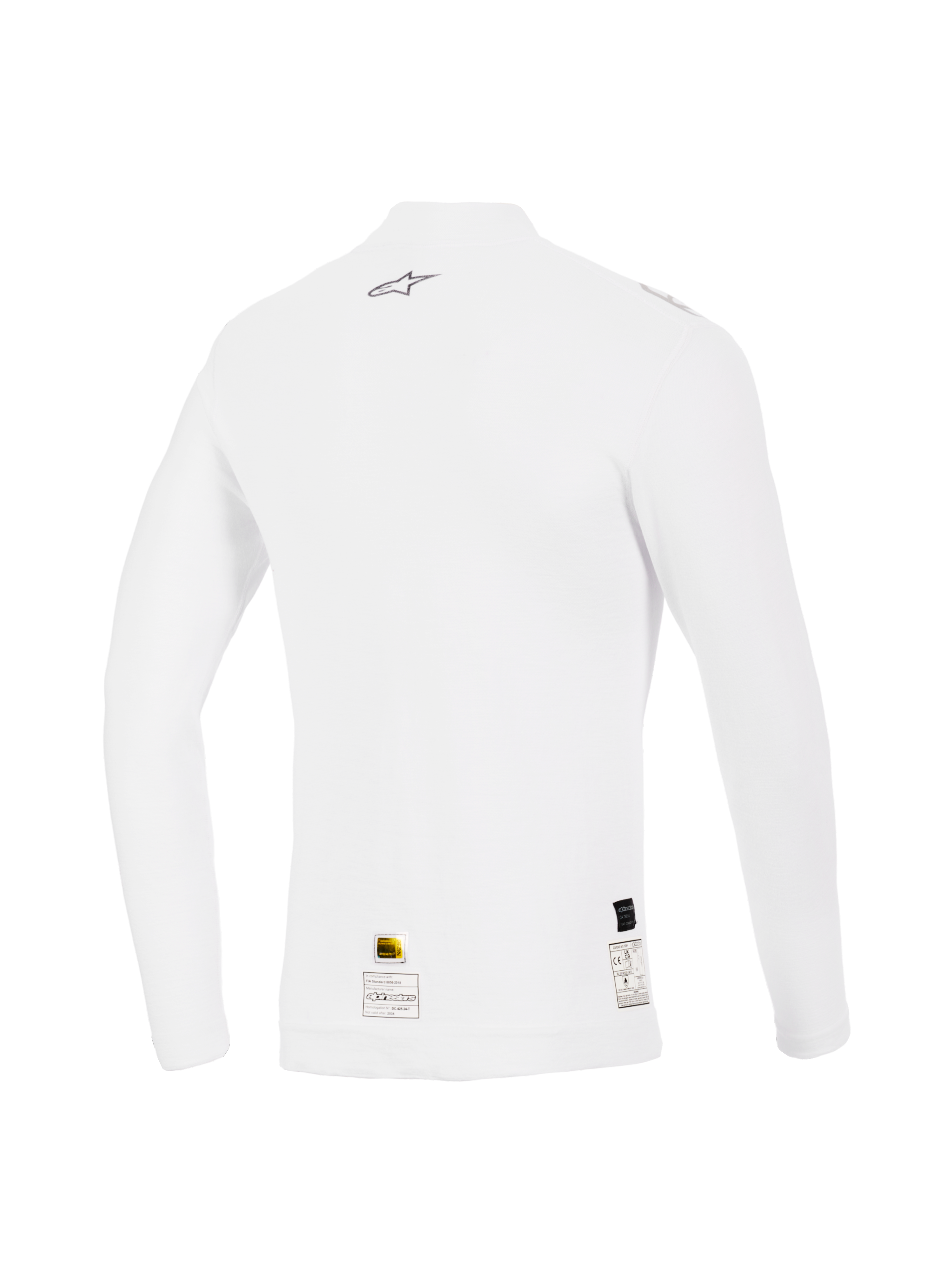 Alpinestars ZX Evo V3 Long Sleeve Top, White, Back View, Flame-resistant auto racing base layer featuring a small grey Alpinestars logo on the upper back and certification labels at the hem, performance fit with soft texture