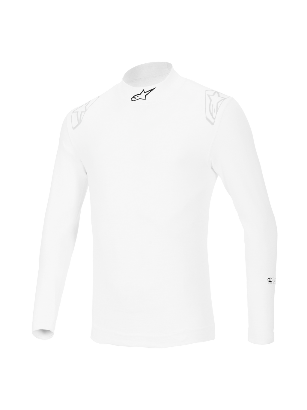 Alpinestars ZX Evo V3 Long Sleeve Top, White auto racing base layer, flame-resistant design with a black star logo on the collar and faint white logos on the shoulders, professional motorsport gear.