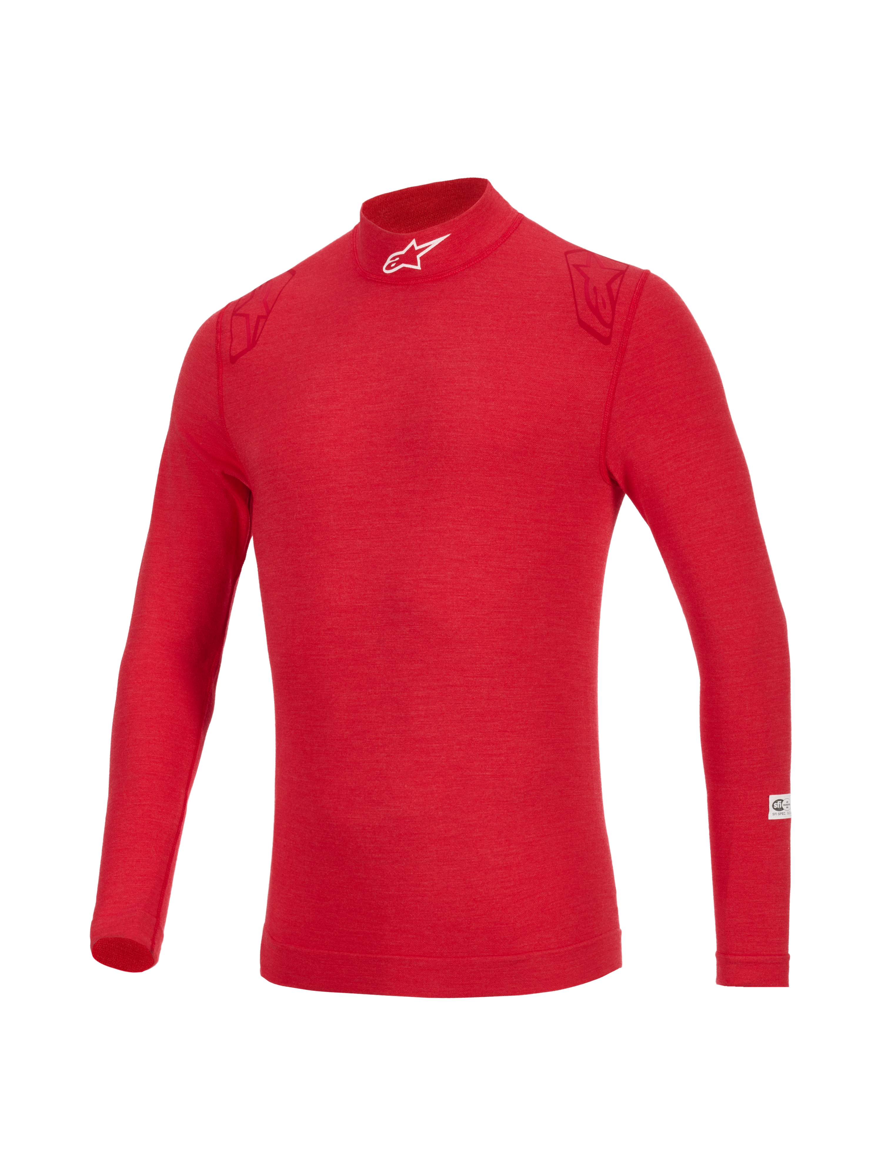 Alpinestars ZX Evo V3 Top met lange mouwen, rode vlamvertragende basislaag voor de autosport, voorzien van een hoge kraag met wit logo, ton-sur-ton rode schouderdetails en lichtgewicht technisch materiaal voor professionele bescherming van de coureur.