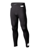 Alpinestars ZX Evo V3 Bottom, zwarte motorsport base layer legging, vlamvertragend race-ondergoed, model over de volledige lengte met witte FIA- en SFI-certificeringslabels, elastische tailleband met grijs Astars-logo, strakke taps toelopende pasvorm
