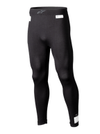Alpinestars ZX Evo V3 Bottom, zwarte motorsport base layer legging, vlamvertragend race-ondergoed, model over de volledige lengte met witte FIA- en SFI-certificeringslabels, elastische tailleband met grijs Astars-logo, strakke taps toelopende pasvorm