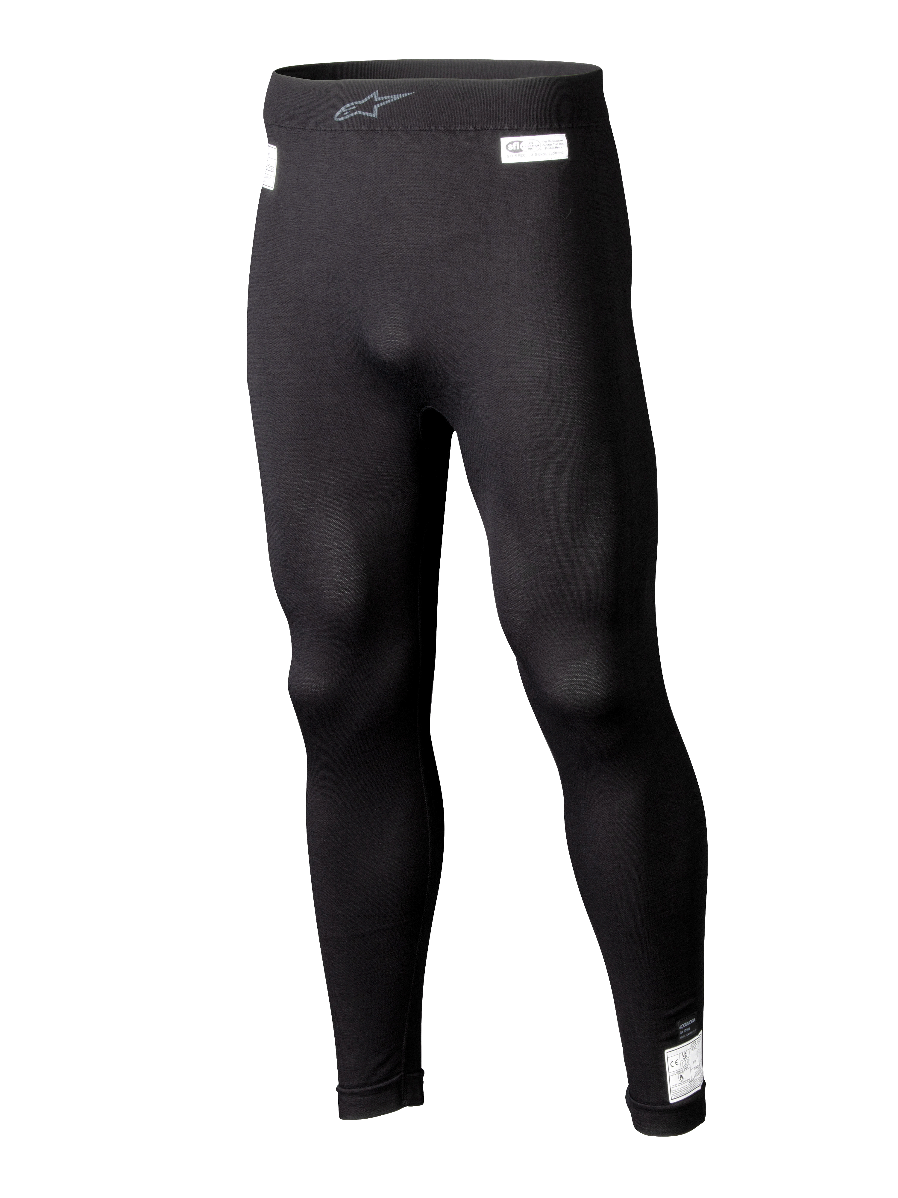 Alpinestars ZX Evo V3 Bottom, zwarte motorsport base layer legging, vlamvertragend race-ondergoed, model over de volledige lengte met witte FIA- en SFI-certificeringslabels, elastische tailleband met grijs Astars-logo, strakke taps toelopende pasvorm