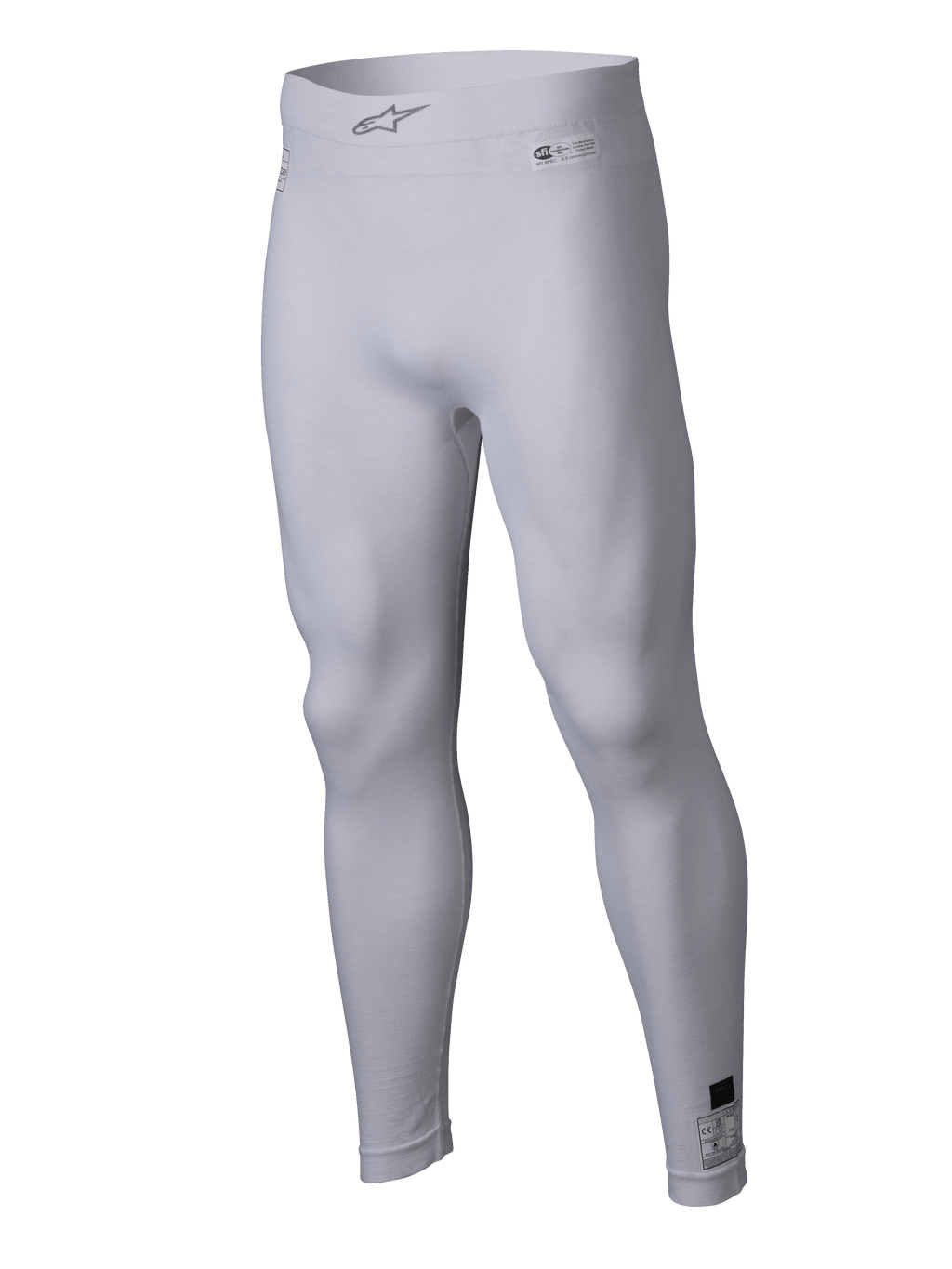 Alpinestars ZX Evo V3 Bottom, witte auto racing basislaag, vlamvertragende compressie-legging, voorzien van Alpinestars-logo op de elastische tailleband en certificeringslabels, lichtgewicht stretchstof voor motorsportprestaties
