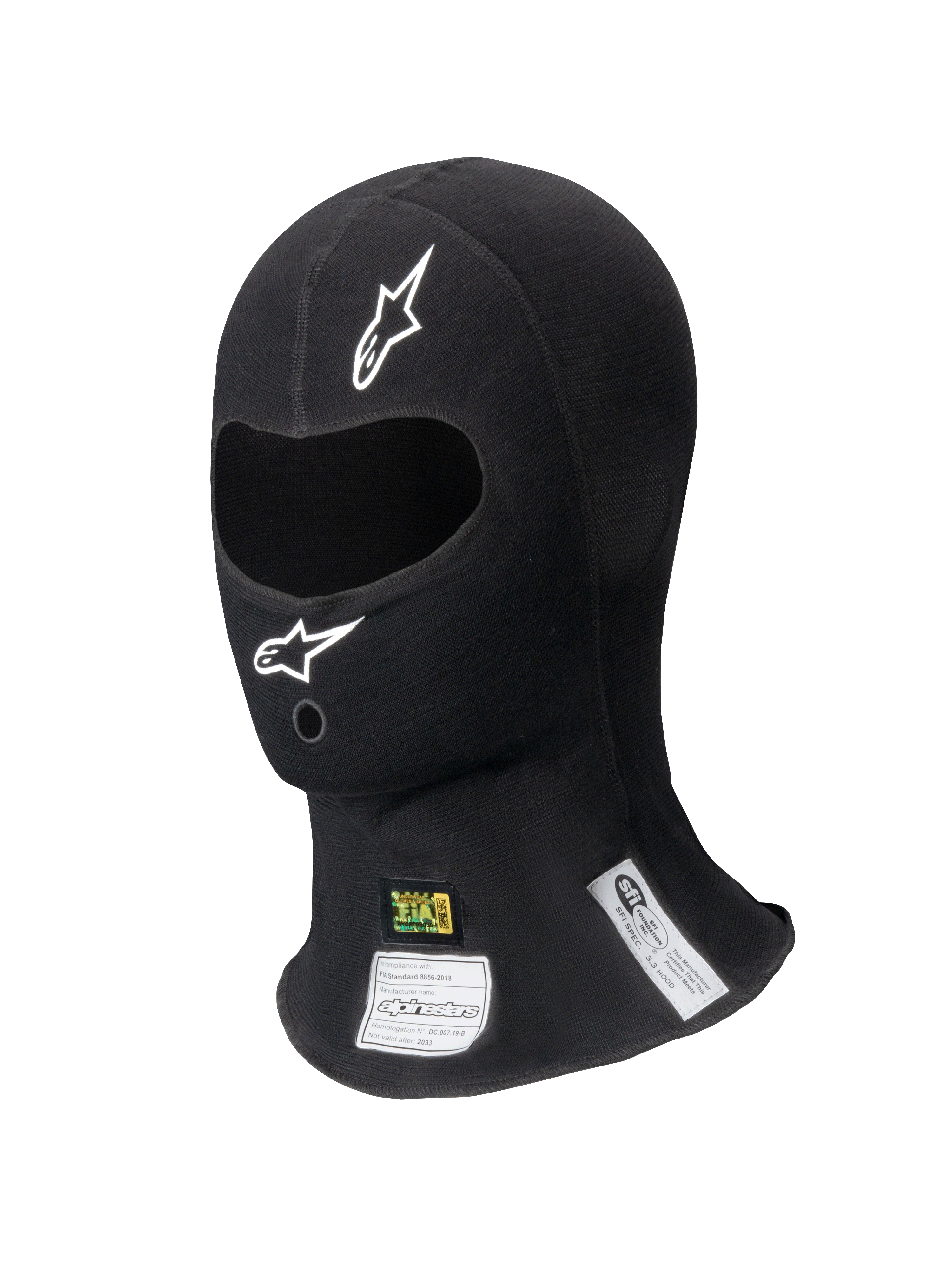 Alpinestars ZX Balaclava Evo V2 FIA/SFI, zwarte racebivakmuts, enkele oogopening met witte logo's, zichtbare FIA- en SFI-certificeringslabels in de nek, vlamvertragende technische stof voor professionele autosport