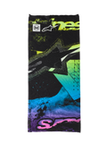 Alpinestars Buff Ignite Neck Tube, zwart met fluorescerend roze, gele, blauwe en paarse abstracte graphics, voorzien van het Alpinestars ster-logo en Buff-branding, naadloze lichtgewicht nekwarmer voor motorrijden
