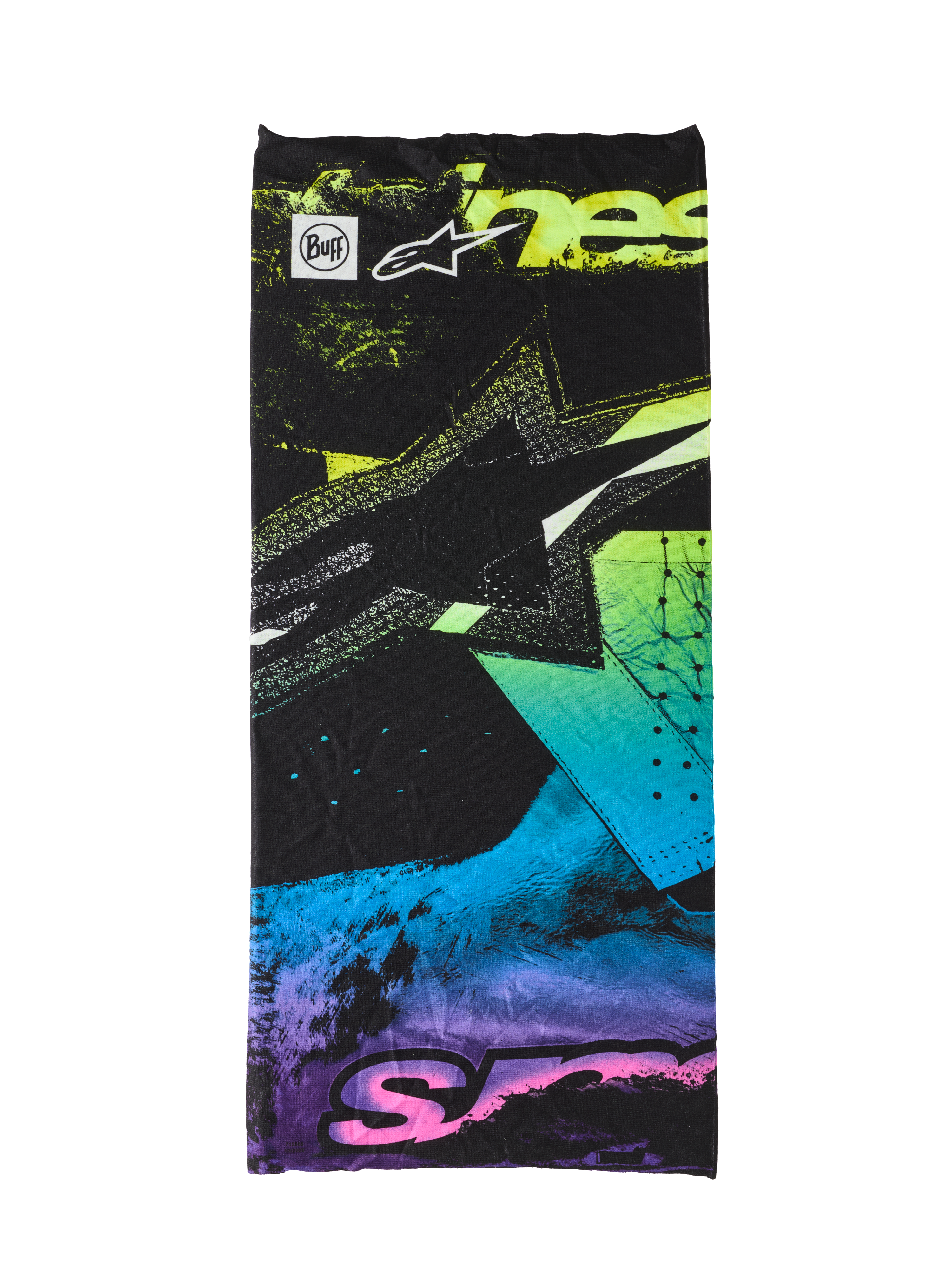 Alpinestars Buff Ignite Neck Tube, zwart met fluorescerend roze, gele, blauwe en paarse abstracte graphics, voorzien van het Alpinestars ster-logo en Buff-branding, naadloze lichtgewicht nekwarmer voor motorrijden