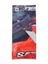 Alpinestars Buff Ignite Neck Tube, multifunctionele nekwarmer, zwart en felrood met witte details, voorzien van grote stergrafiek, Alpinestars- en Buff-logo's, sportief ontwerp voor motorrijden