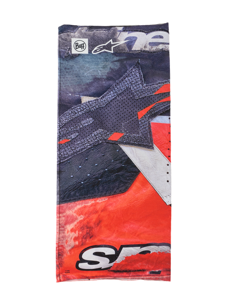 Buff Ignite Neck Tube, multifunctionele halsdoek, donkerblauw, rood en wit, abstract sterpatroon met Alpinestars-logo, gladde stofstructuur
