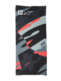 Buff Mogress Neck Tube, multifunctionele hoofdbedekking, Black Camo Red Fluo, abstract patroon in zwart, grijs en fluorescerend rood, lichtgewicht naadloze stof voorzien van Buff en Alpinestars ster-logo's