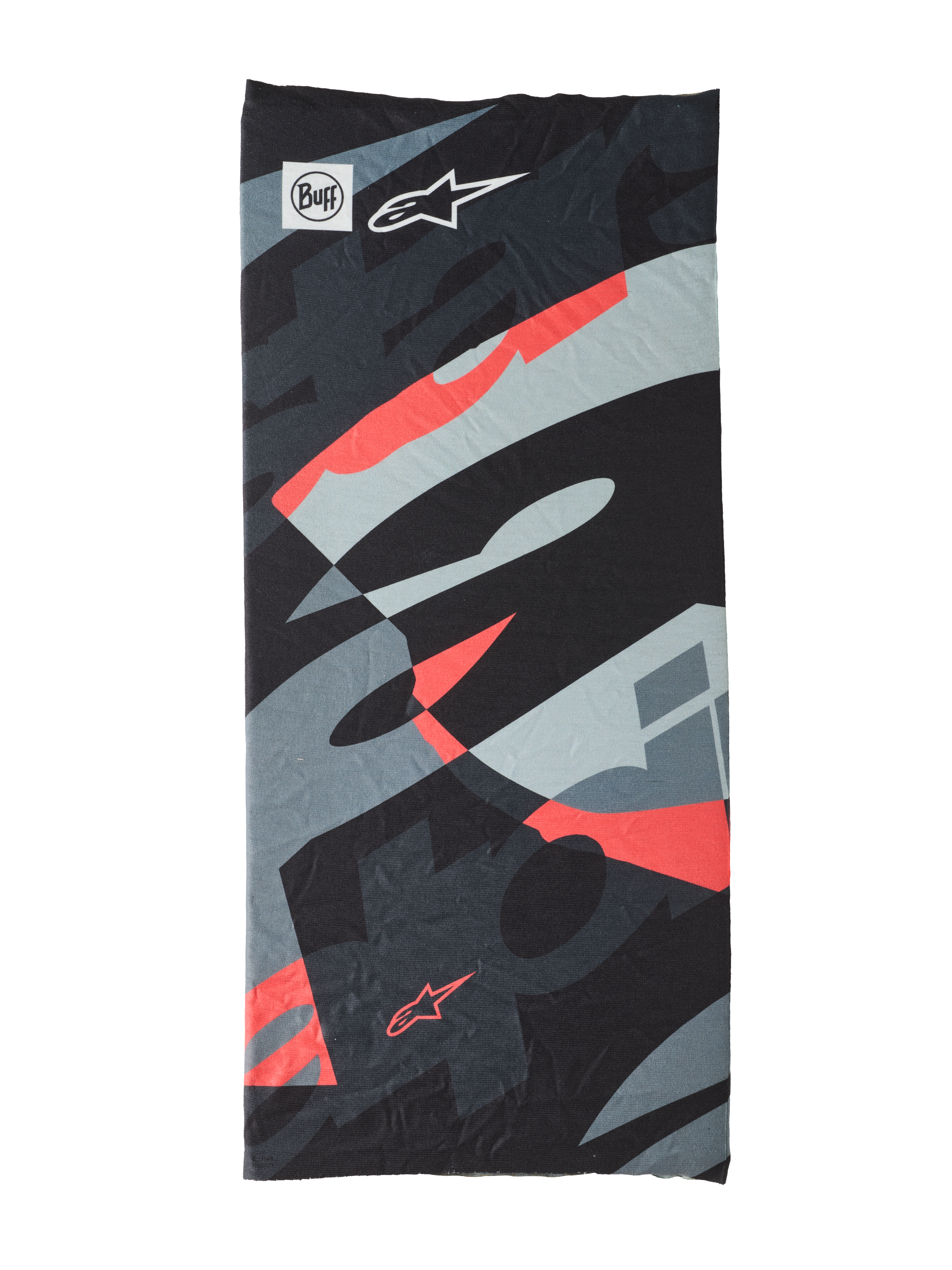 Buff Mogress Neck Tube, multifunctionele hoofdbedekking, Black Camo Red Fluo, abstract patroon in zwart, grijs en fluorescerend rood, lichtgewicht naadloze stof voorzien van Buff en Alpinestars ster-logo's
