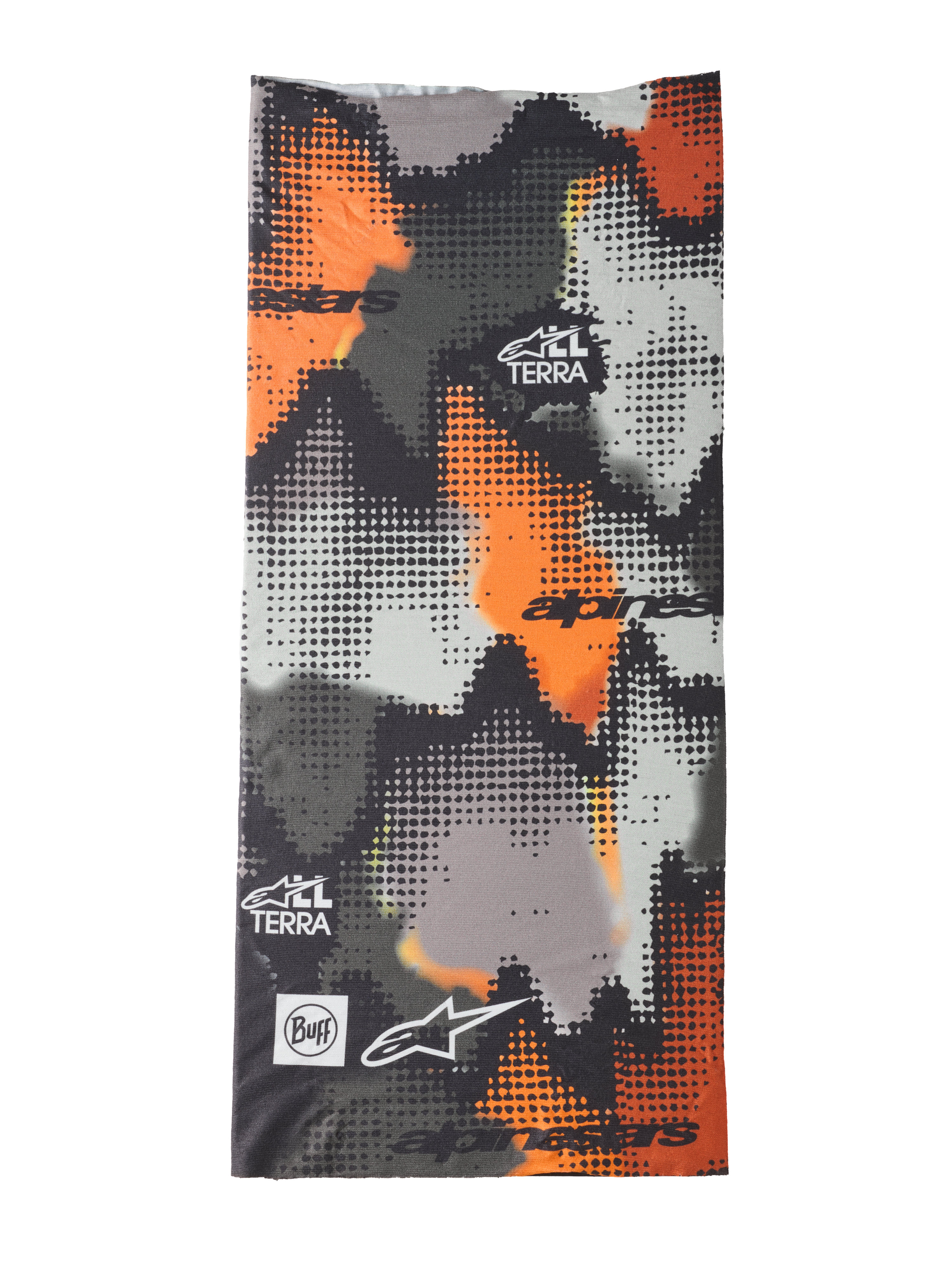 Alpinestars Buff Nazca Neck Tube, motor-nekwarmer, Gray Camo en Orange Fluo, digitaal halftone camouflagepatroon, met Alpinestars- en Buff-logo's en All Terra-branding, naadloze 4-way stretchstof voor rijden bij warm weer