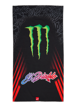 Alpinestars FQ20 Neck Tube Monster, motor nektube, zwart voorzien van een groot groen Monster Energy klauwlogo en 'El Diablo' tekst met kleurverloop, rode diagonale racestrepen aan de zijkanten, lichtgewicht textiel accessoire voor motorrijden in de lente en zomer