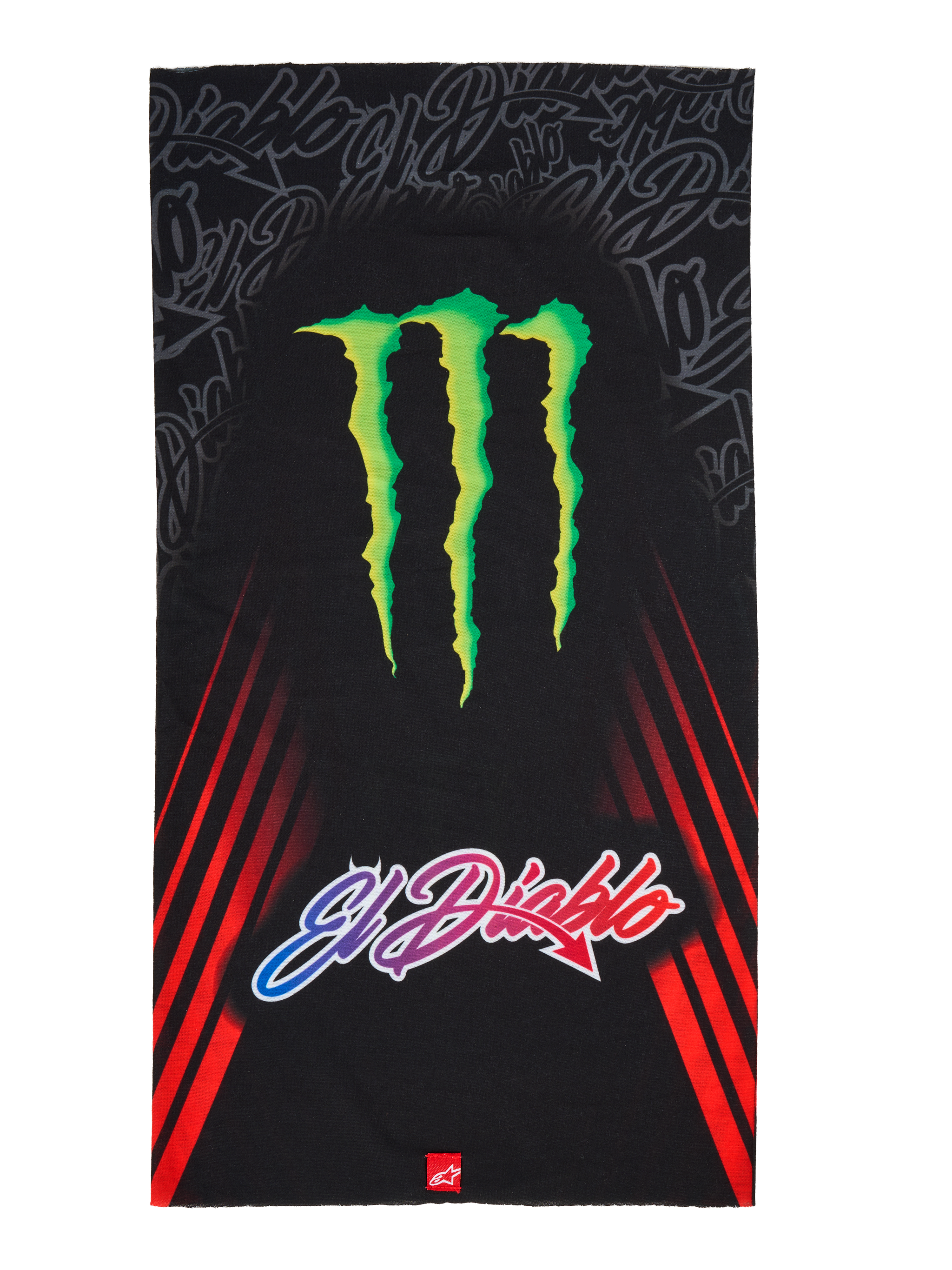 Alpinestars FQ20 Neck Tube Monster, motor nektube, zwart voorzien van een groot groen Monster Energy klauwlogo en 'El Diablo' tekst met kleurverloop, rode diagonale racestrepen aan de zijkanten, lichtgewicht textiel accessoire voor motorrijden in de lente en zomer