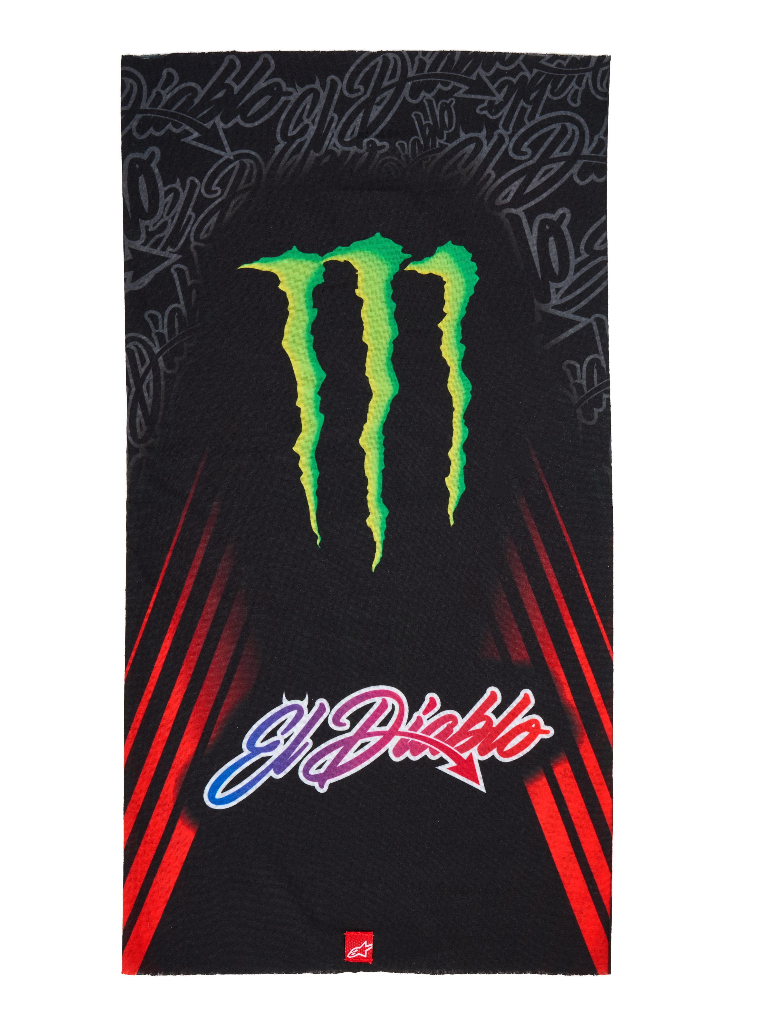 Alpinestars FQ20 Neck Tube Monster, motorcycle neck tube, Black featuring a large green Monster Energy claw logo and 'El Diablo' gradient text, red diagonal racing stripes on the sides, lightweight textile accessory for spring and summer riding