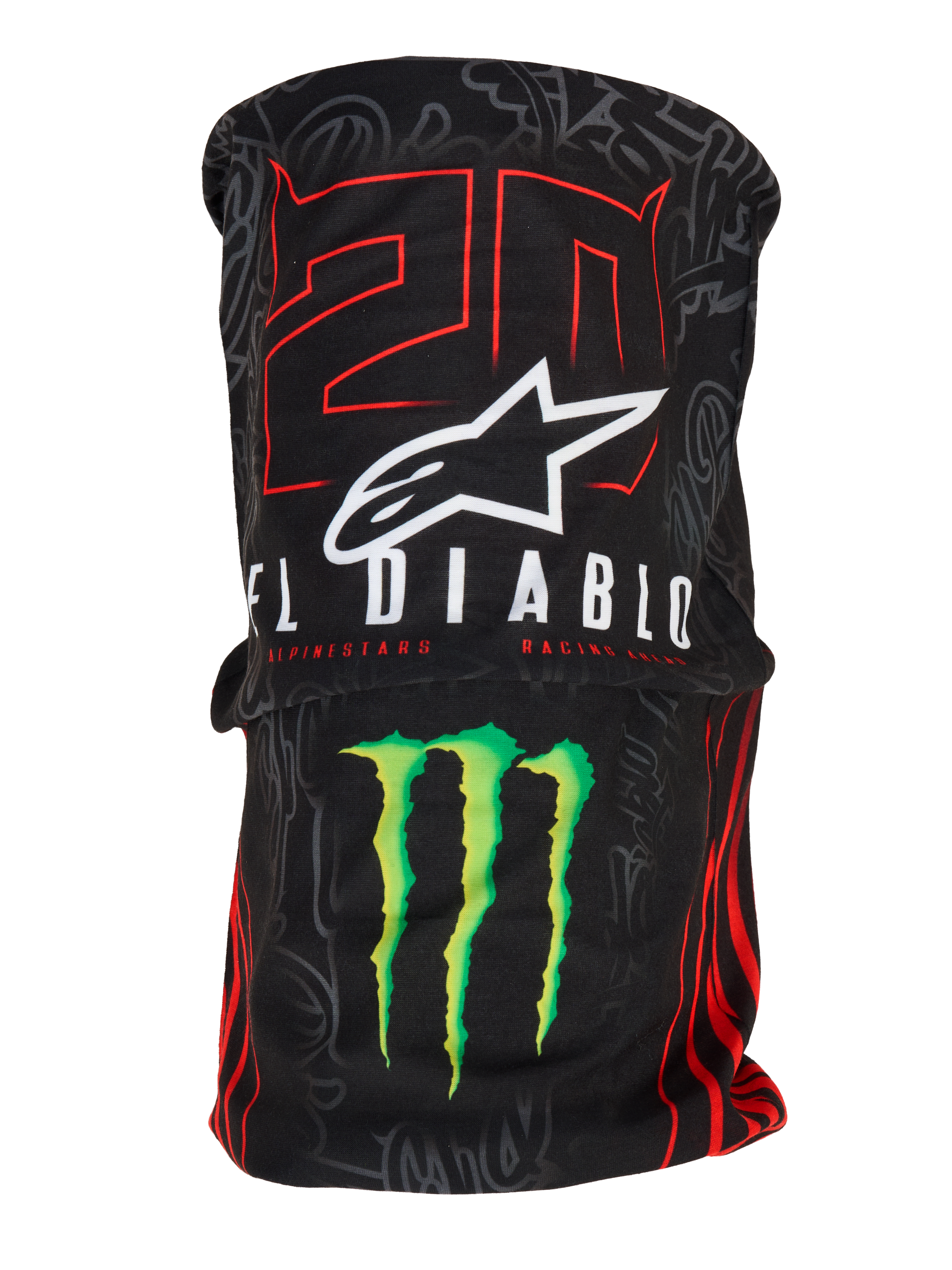 Alpinestars FQ20 Neck Tube Monster, lichtgewicht motor nektube, zwart met rode '20' en witte 'El Diablo' graphics, wit Alpinestars logo en groene Monster Energy-klauw, op de racerij geïnspireerd accessoire met een zijdezachte textuur