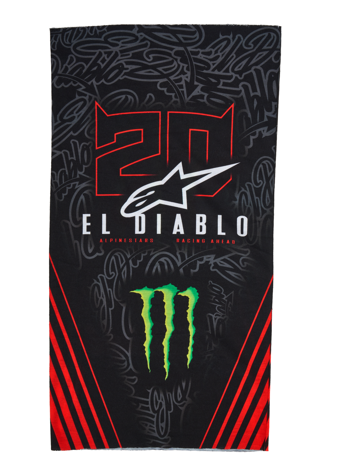 Alpinestars FQ20 Neck Tube Monster, lightweight motorcycle neck tube, Black with Red and Green accents, featuring '20' and 'EL DIABLO' graphics, Monster Energy claw logo, white Alpinestars logo, and red diagonal stripes on a tonal graffiti background