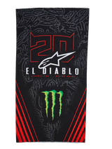Alpinestars FQ20 Neck Tube Monster, lichtgewicht motor nektube, zwart met rode en groene accenten, voorzien van '20' en 'EL DIABLO' graphics, Monster Energy klauwlogo, wit Alpinestars logo en rode diagonale strepen op een ton-sur-ton graffiti achtergrond