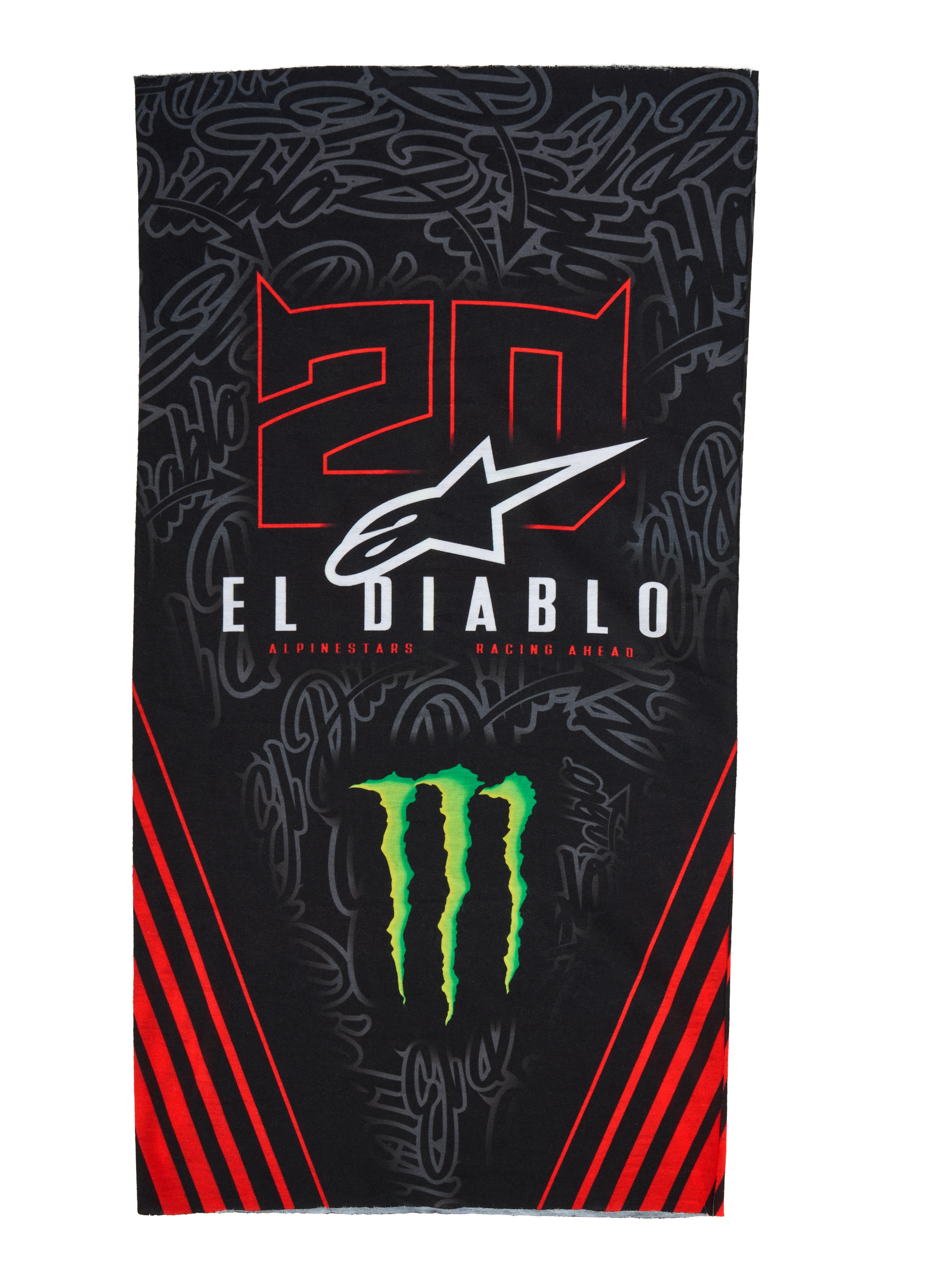 Alpinestars FQ20 Neck Tube Monster, lichtgewicht motor nektube, zwart met rode en groene accenten, voorzien van '20' en 'EL DIABLO' graphics, Monster Energy klauwlogo, wit Alpinestars logo en rode diagonale strepen op een ton-sur-ton graffiti achtergrond