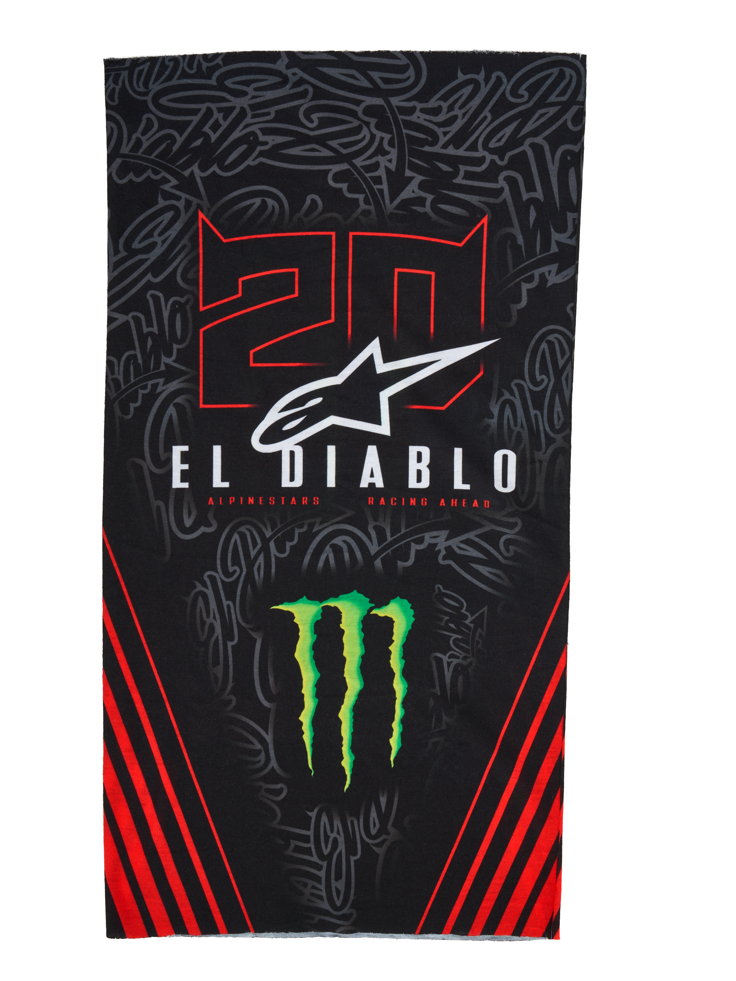 Alpinestars FQ20 Neck Tube Monster, lichtgewicht motor nektube, zwart met rode en groene accenten, voorzien van '20' en 'EL DIABLO' graphics, Monster Energy klauwlogo, wit Alpinestars logo en rode diagonale strepen op een ton-sur-ton graffiti achtergrond