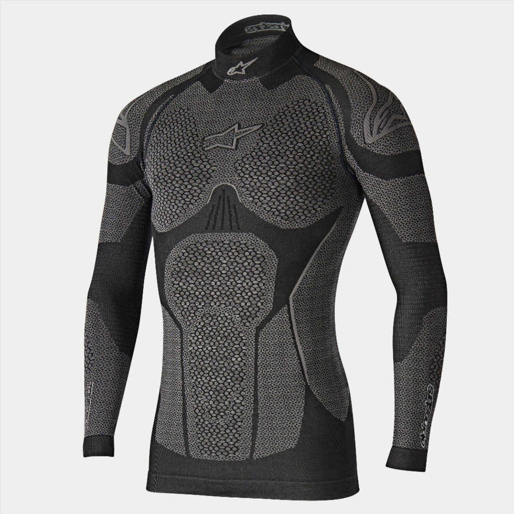 Alpinestars Ride Tech Top Long Sleeve Winter, motorfiets basislaag, zwart en grijs, technisch shirt met lange mouwen en panelen met honingraatstructuur met dubbele dichtheid, compressiepasvorm, opstaande kraag met wit Alpinestars-logo, thermische onderkleding voor koud weer