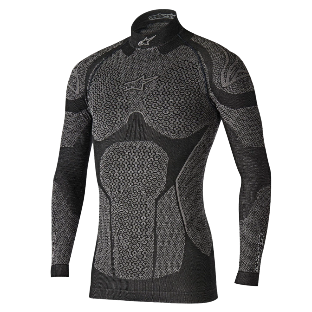 Alpinestars Ride Tech Top Lange Mouwen Winter, technische basislaag, zwart en grijs, met panelen met honingraatstructuur, opstaande kraag en compressiepasvorm voor motorrijden in koude weersomstandigheden