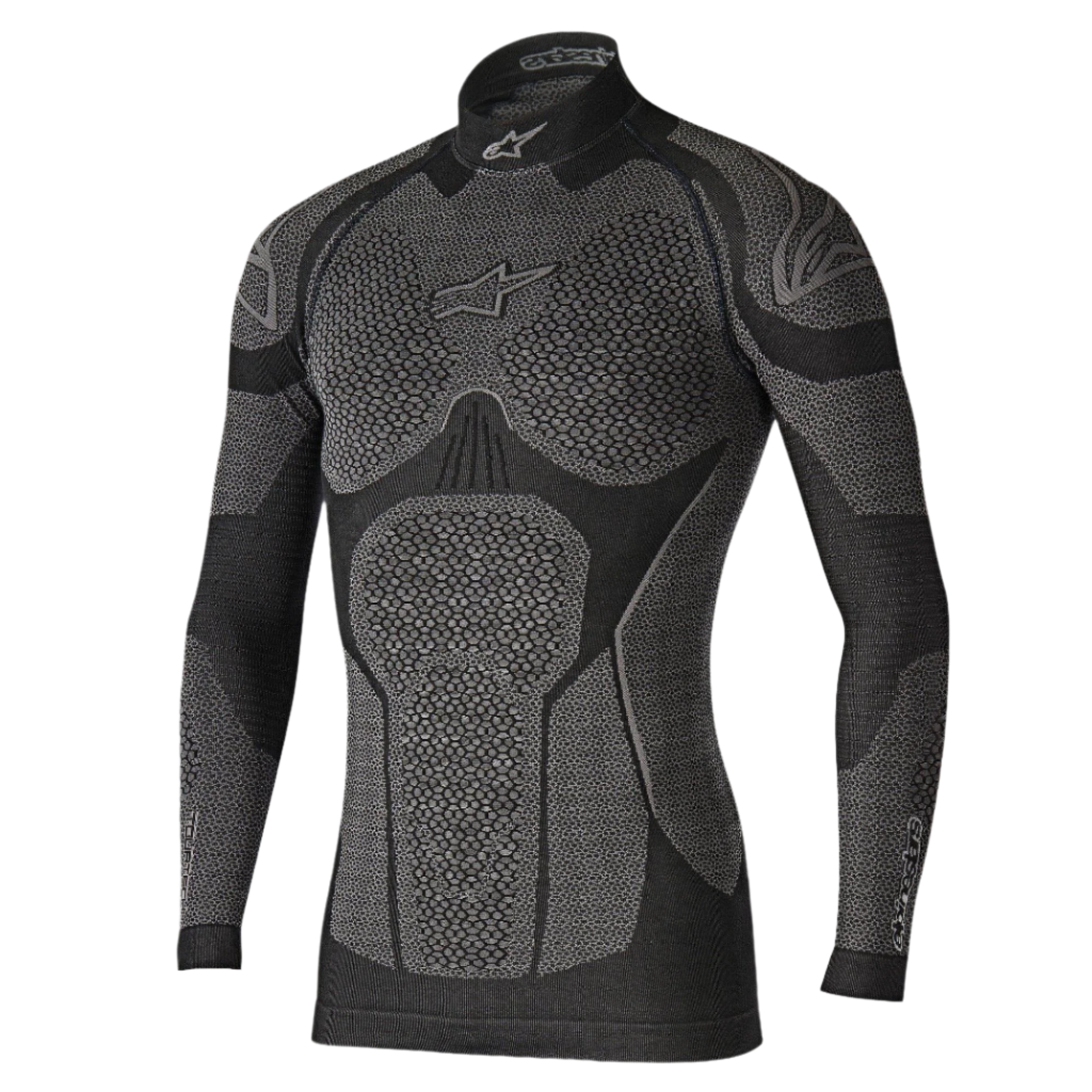 Alpinestars Ride Tech Top Lange Mouwen Winter, technische basislaag, zwart en grijs, met panelen met honingraatstructuur, opstaande kraag en compressiepasvorm voor motorrijden in koude weersomstandigheden
