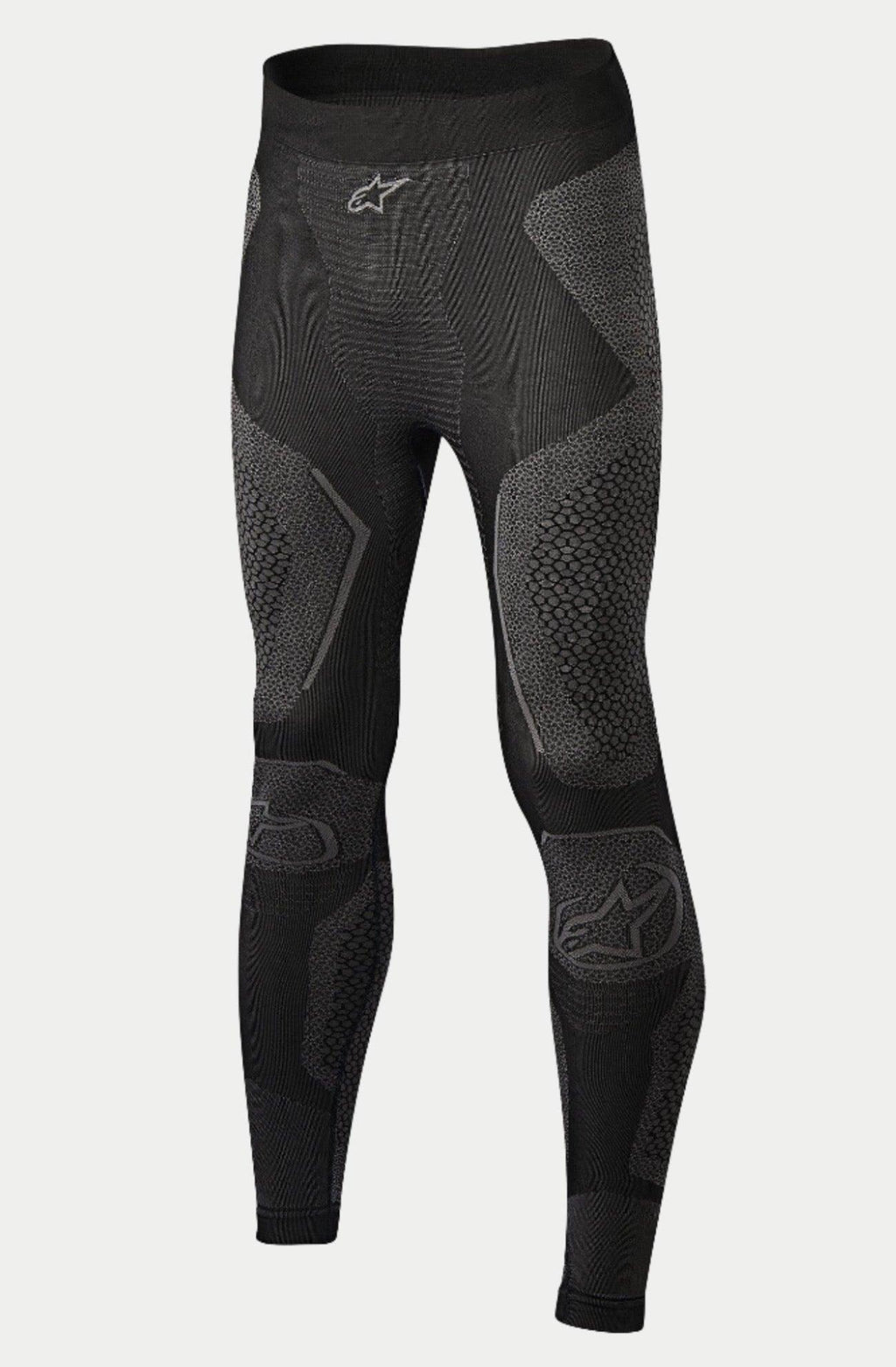 Alpinestars Ride Tech Bottom Winter, motor onderkleding broek, zwart en grijs, voorzien van gebreide panelen met dubbele dichtheid en textuurpatronen, naadloze constructie, Alpinestars-logo's op de tailleband en de schenen, ontworpen voor rijden in koude weersomstandigheden