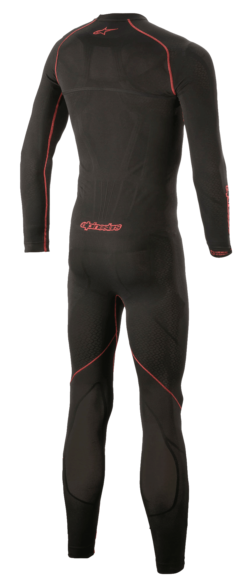 Alpinestars Ride Tech Lite 1-Piece Undersuit, technische motorbasislaag, zwart en rood, achteraanzicht met focus op rode flat-lock naden en Alpinestars-logo, naadloze compressiepasvorm met ademende mesh-panelen.
