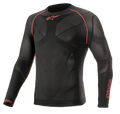 Alpinestars Ride Tech V2 Top Long Sleeve Summer, Motorcycle Base Layer, Black and Red, featuring breathable body-mapped mesh panels, red flatlock stitching on shoulders, and Alpinestars logos on the chest and sleeve