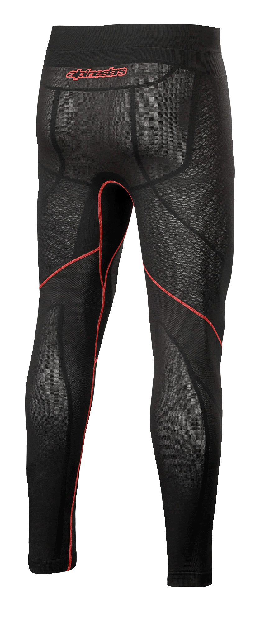 Alpinestars Ride Tech V2 Bottom Summer, motor base layer broek, zwart en rood, achteraanzicht met rode contraststiksels, rood Alpinestars-logo op de tailleband en ademende mesh-panelen voor rijden in warm weer.