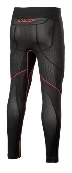 Alpinestars Ride Tech V2 Bottom Summer, motor base layer broek, zwart en rood, achteraanzicht met rode contraststiksels, rood Alpinestars-logo op de tailleband en ademende mesh-panelen voor rijden in warm weer.