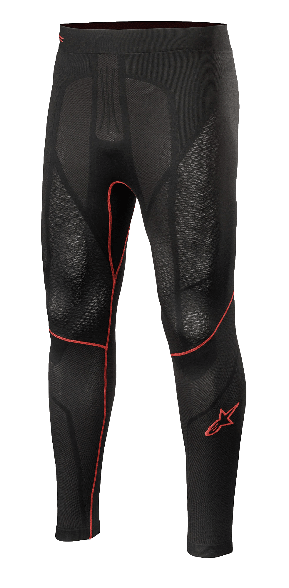 Alpinestars Ride Tech V2 Bottom Summer, motoronderbroek, zwart met rode accenten, getextureerde meshpanelen, rood sterlogo op de broekspijp, ademende compressielaag voor prestaties