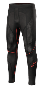 Alpinestars Ride Tech V2 Bottom Summer, motoronderbroek, zwart met rode accenten, getextureerde meshpanelen, rood sterlogo op de broekspijp, ademende compressielaag voor prestaties