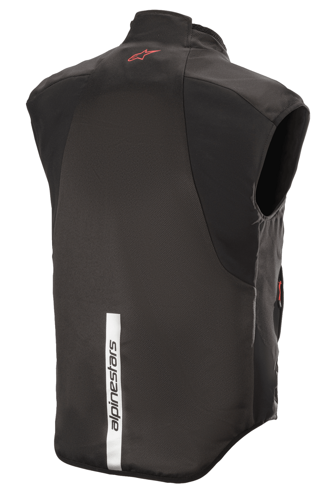 Alpinestars HT Heat Tech Vest, zwart, achteraanzicht met een rood Astars-logo op de bovenrug en een verticale reflecterende witte streep met Alpinestars-branding op de onderrug, verwarmde motoronderlaag