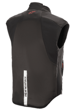 Alpinestars HT Heat Tech Vest, zwart, achteraanzicht met een rood Astars-logo op de bovenrug en een verticale reflecterende witte streep met Alpinestars-branding op de onderrug, verwarmde motoronderlaag