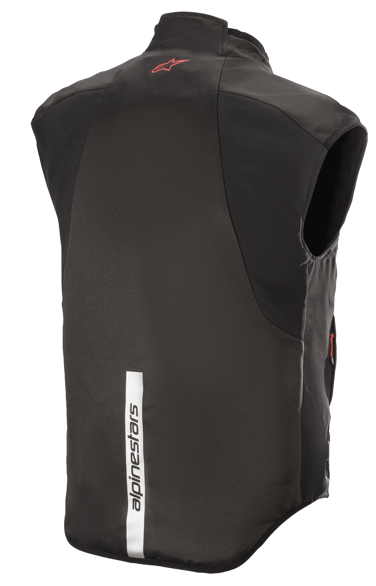Alpinestars HT Heat Tech Vest, zwart, achteraanzicht met een rood Astars-logo op de bovenrug en een verticale reflecterende witte streep met Alpinestars-branding op de onderrug, verwarmde motoronderlaag