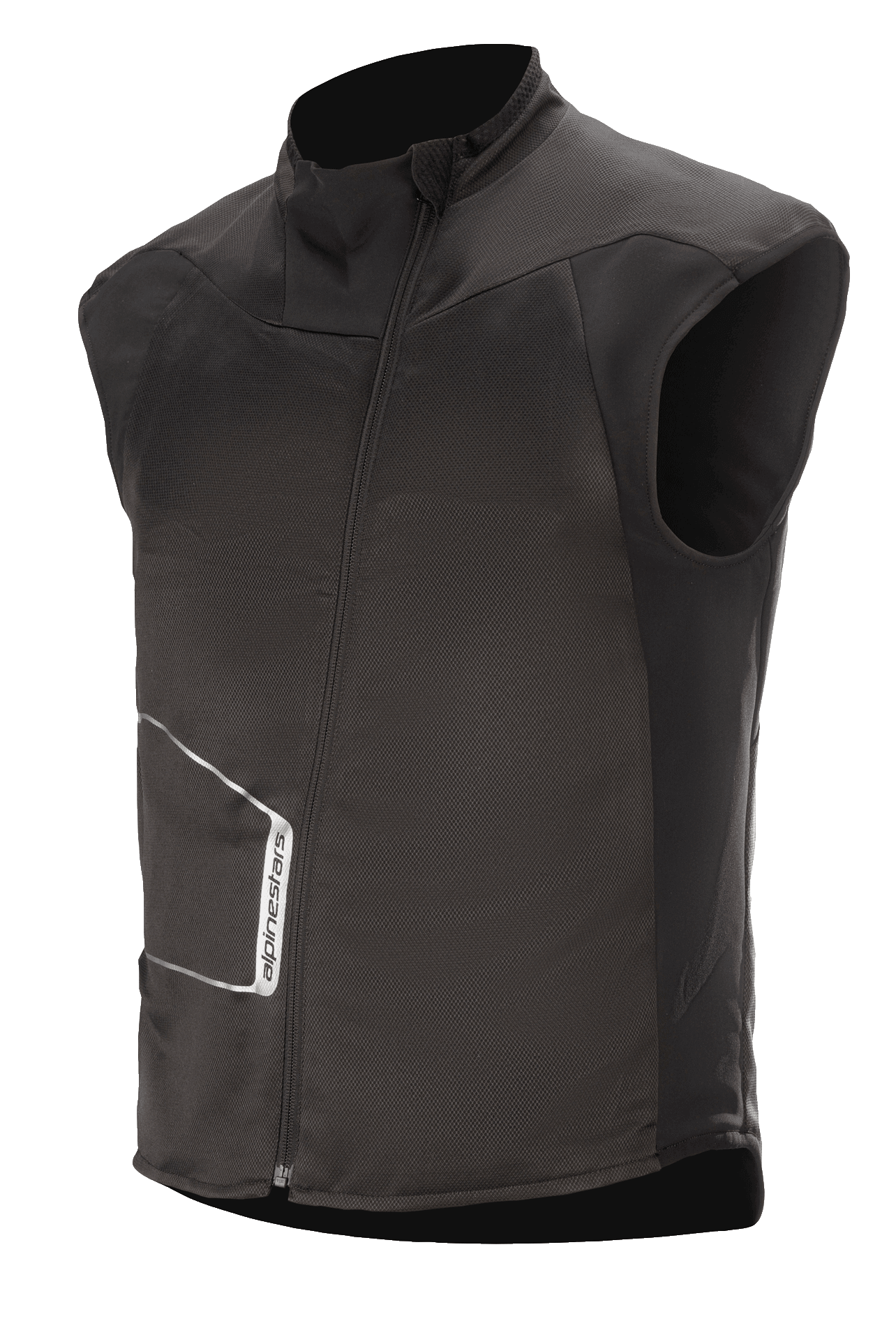 Alpinestars HT Heat Tech Vest, zwart mouwloos verwarmd motorondergoed, hoge kraag met asymmetrische schuine rits aan de voorzijde, technische textielconstructie met wit Alpinestars-logo, thermische onderlaag voor winterse avonturen en road touring