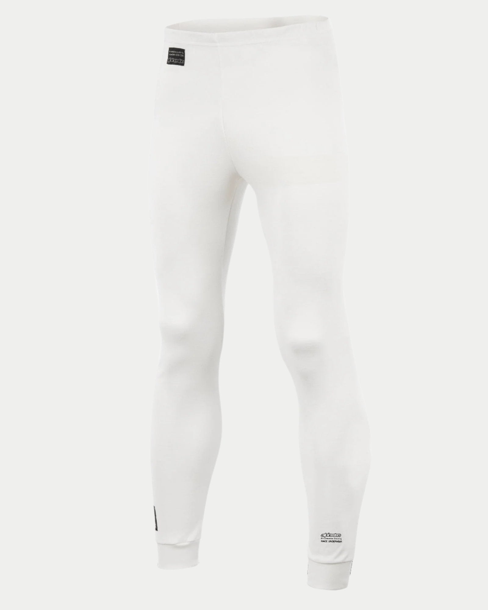 Alpinestars Race Bottom FIA, auto racing basislaag broek, wit, voorzien van zwart FIA-label op de heup en branding op het onderbeen, lichtgewicht en ademend vlamvertragend textiel voor professionele autosport