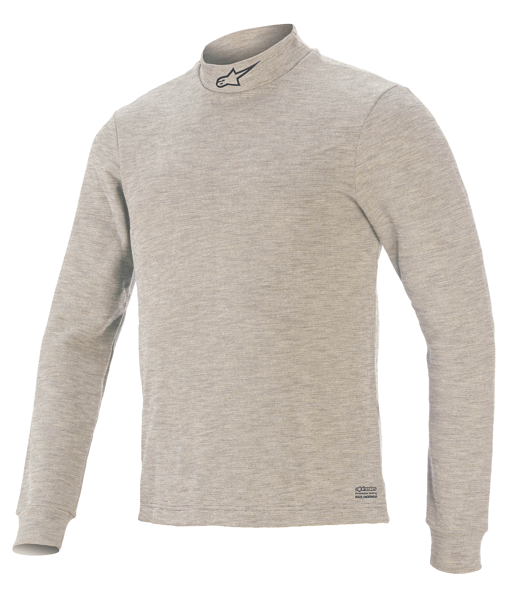 Alpinestars Race V3 Top met lange mouwen, autorace-basislaag, grijs, voorzien van een opstaande kraag met zwart sterlogo, lange mouwen, getextureerde vlamwerende stof en Alpinestars-branding op de zoom
