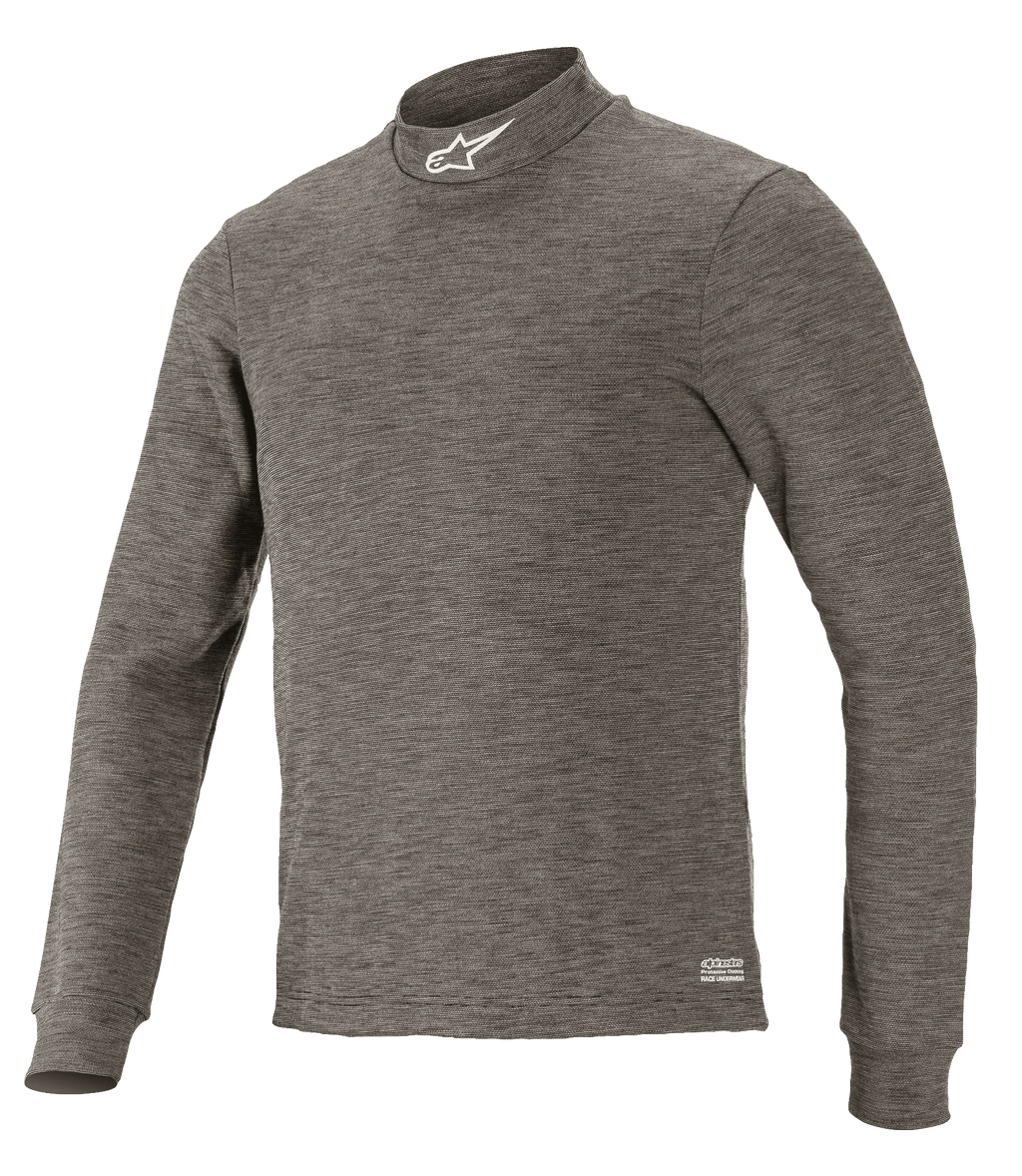 Alpinestars Race V3 Top met lange mouwen, technische autosport basislaag, antraciet melange grijs, opstaande kraag met wit sterlogo, gemêleerde vlamvertragende stof, professionele autorace-onderlaag