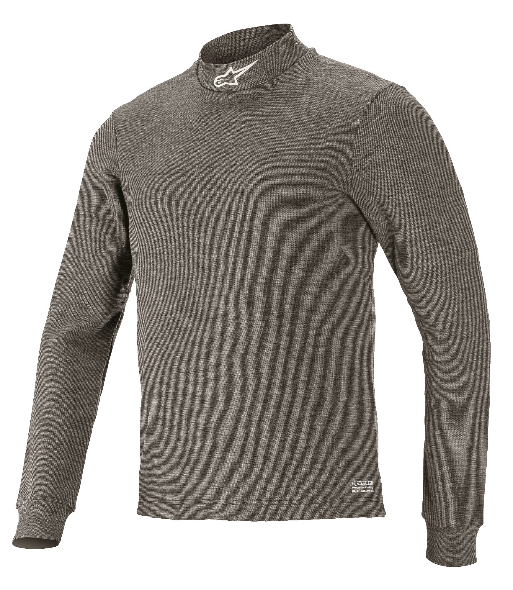Alpinestars Race V3 Top met lange mouwen, technische autosport basislaag, antraciet melange grijs, opstaande kraag met wit sterlogo, gemêleerde vlamvertragende stof, professionele autorace-onderlaag