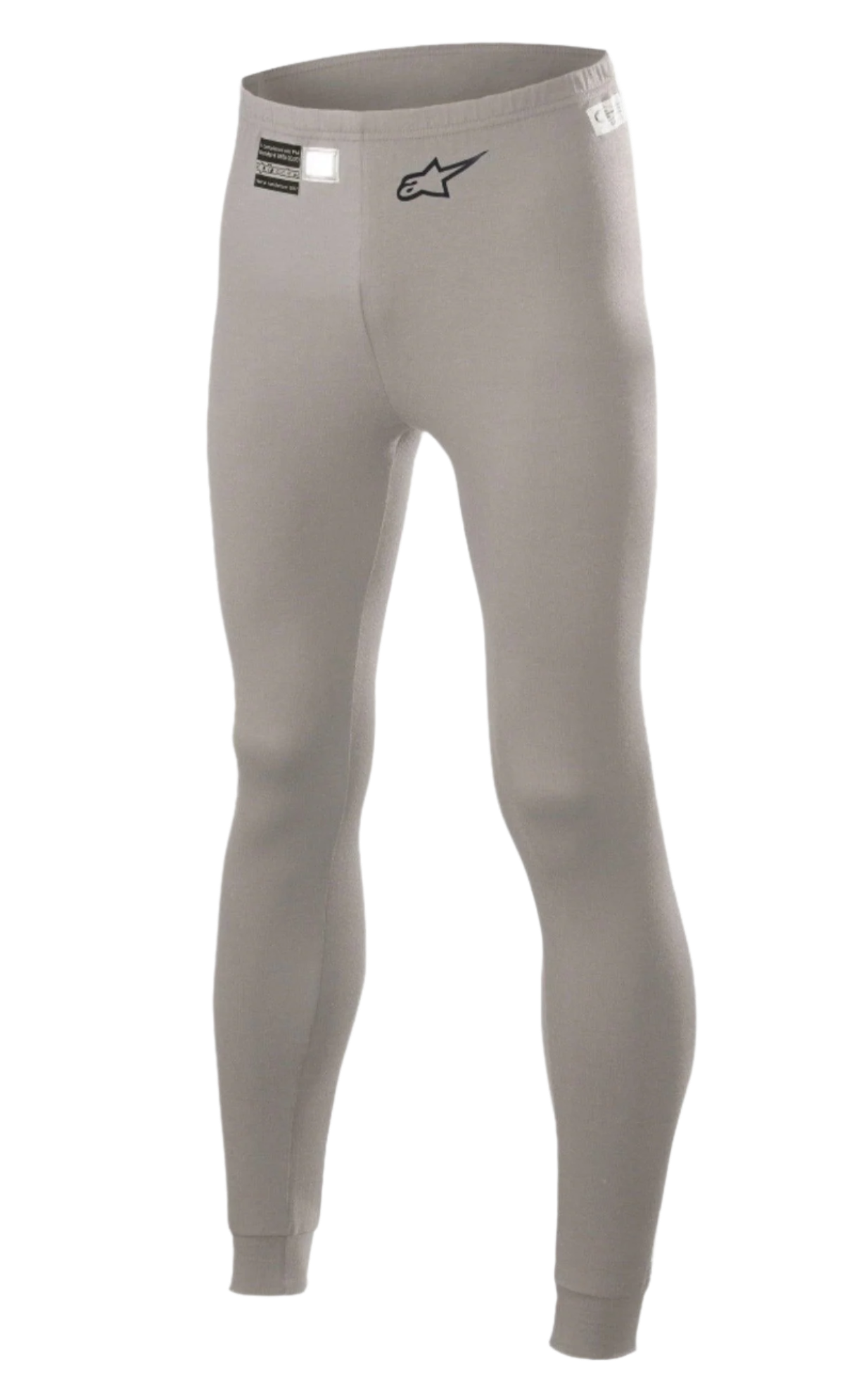 Alpinestars Race V2 Bottom FIA, auto racing basislaag broek, Mid Gray, met zwart Alpinestars-logo en FIA-homologatielabel op de tailleband, nauwsluitend ontwerp van vlamvertragend materiaal