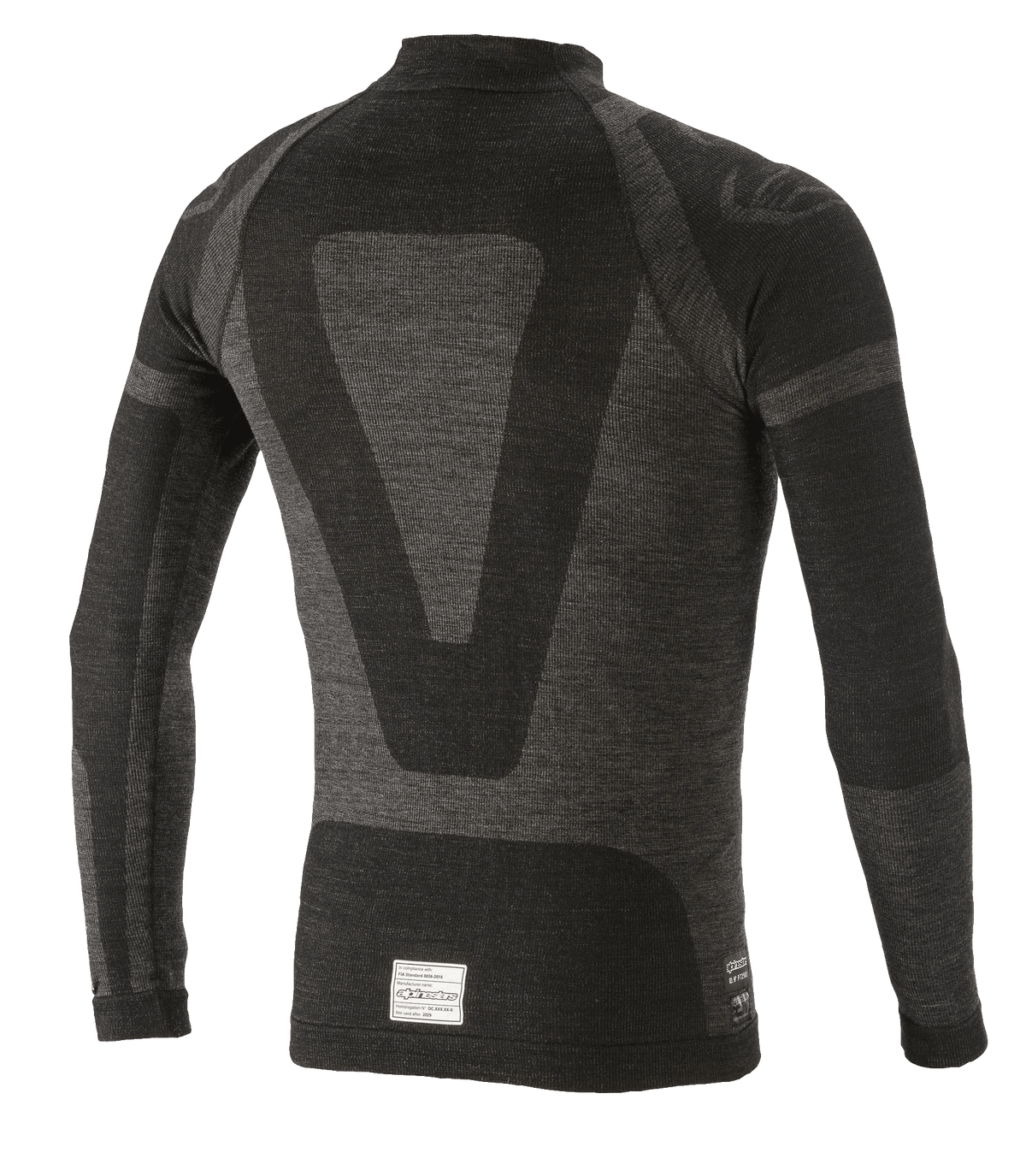 Alpinestars ZX Evo V2 top met lange mouwen, autorace-onderlaag, zwart en grijs, achteraanzicht met een technisch jacquard-ontwerp, naadloze buisvormige constructie en FIA/SFI-certificeringslabel aan de zoom