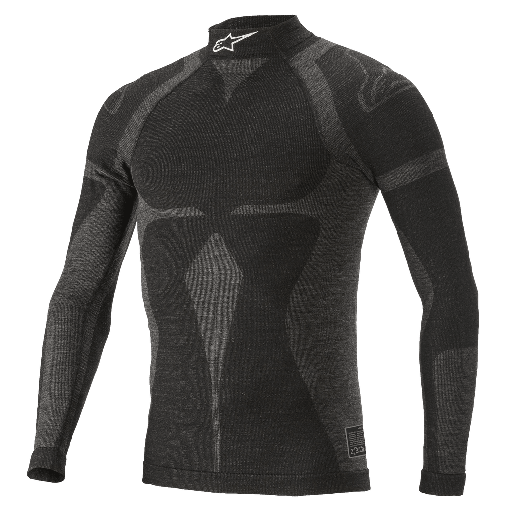 Alpinestars ZX Evo V2 Long Sleeve Top, auto racing base layer shirt, black and gray, high collar featuring a white logo, jacquard motif pattern, form-fitting technical apparel with lightweight knit texture